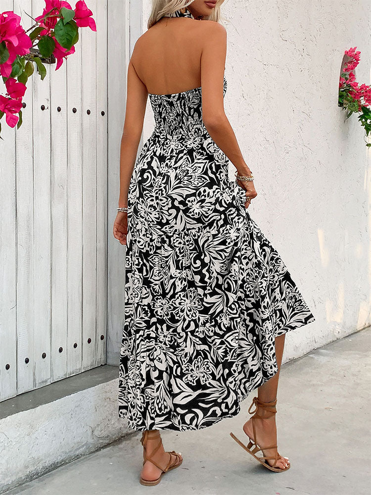 Tropical Print Halter Neck Tiered Maxi Dress - Black - 3