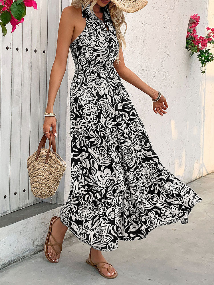 Tropical Print Halter Neck Tiered Maxi Dress - Black - 4