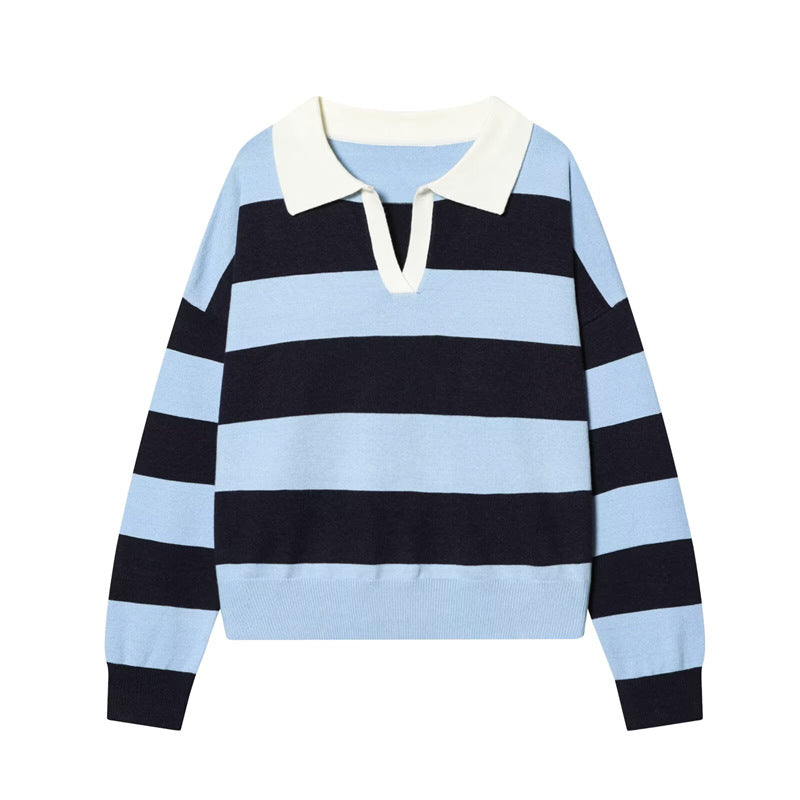 Rugby Stripe Collared Knit Pullover - Blue_B
