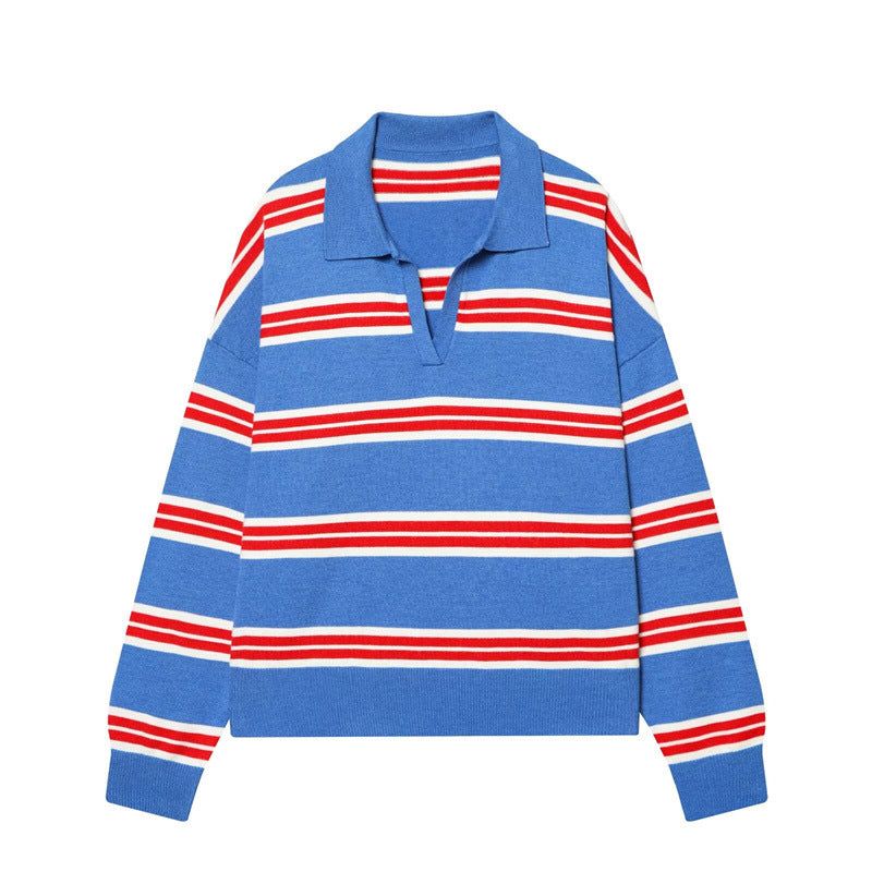 Rugby Stripe Collared Knit Pullover - Blue_R