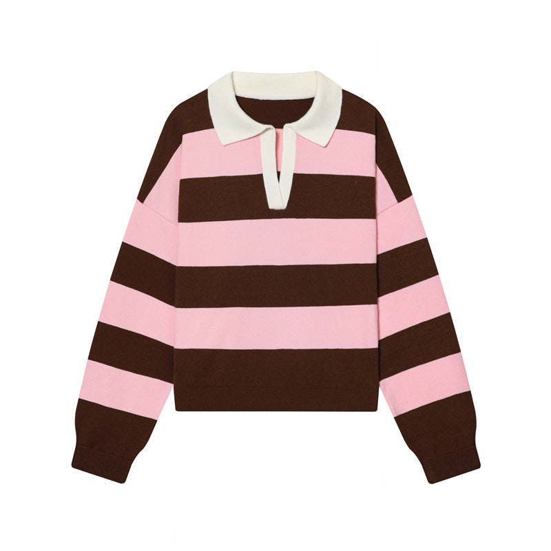 Rugby Stripe Collared Knit Pullover - Brown_P