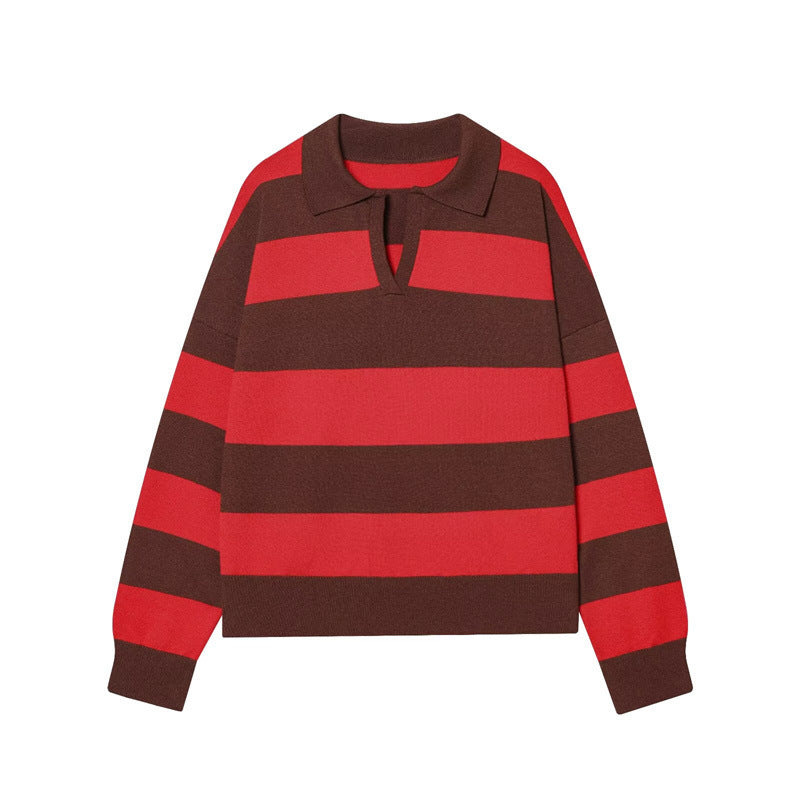 Rugby Stripe Collared Knit Pullover - Brown_R