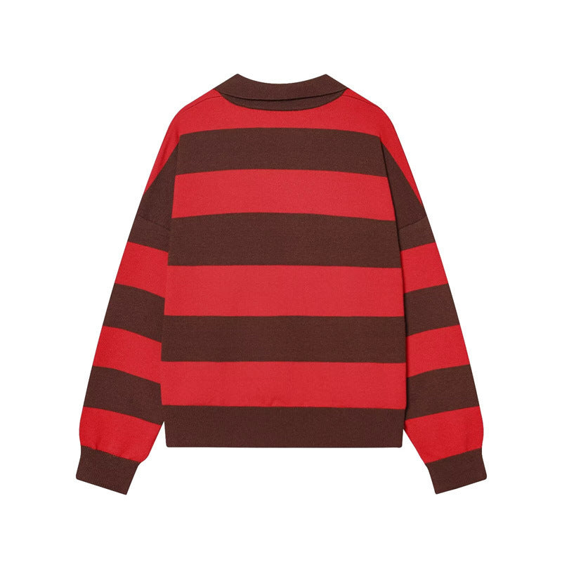 Rugby Stripe Collared Knit Pullover - Brown_R - 1