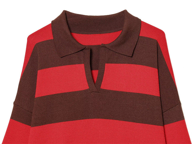 Rugby Stripe Collared Knit Pullover - Brown_R - 2