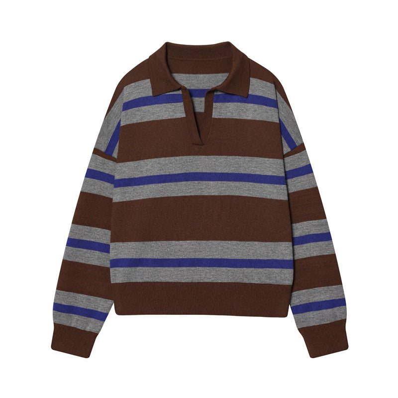 Rugby Stripe Collared Knit Pullover - Coffee_B