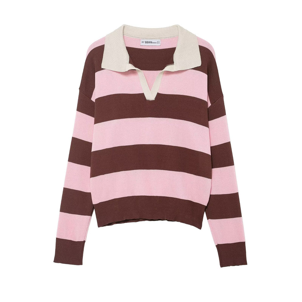 Rugby Stripe Collared Knit Pullover - Pink_B