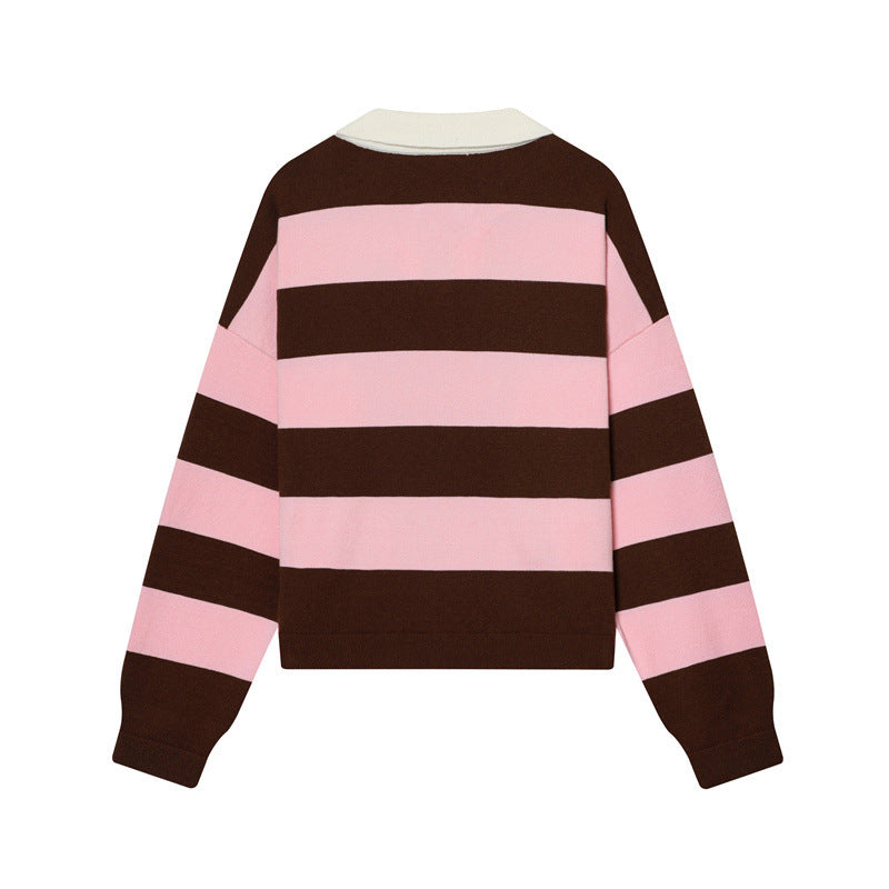 Rugby Stripe Collared Knit Pullover - Pink_B - 1