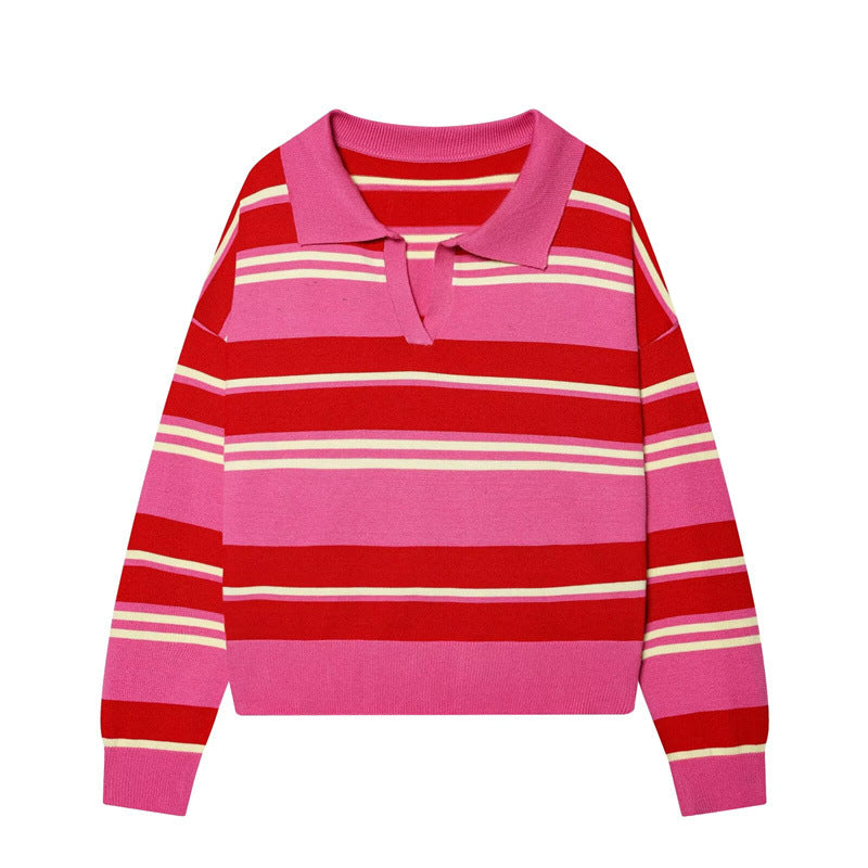 Rugby Stripe Collared Knit Pullover - Pink_R