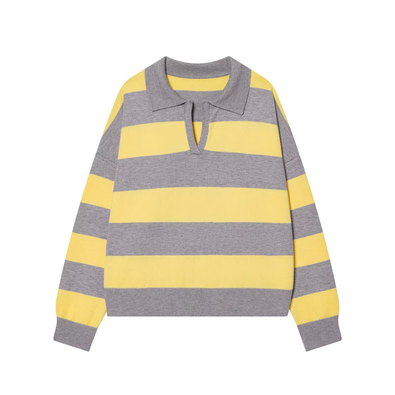 Rugby Stripe Collared Knit Pullover - Yellow_G