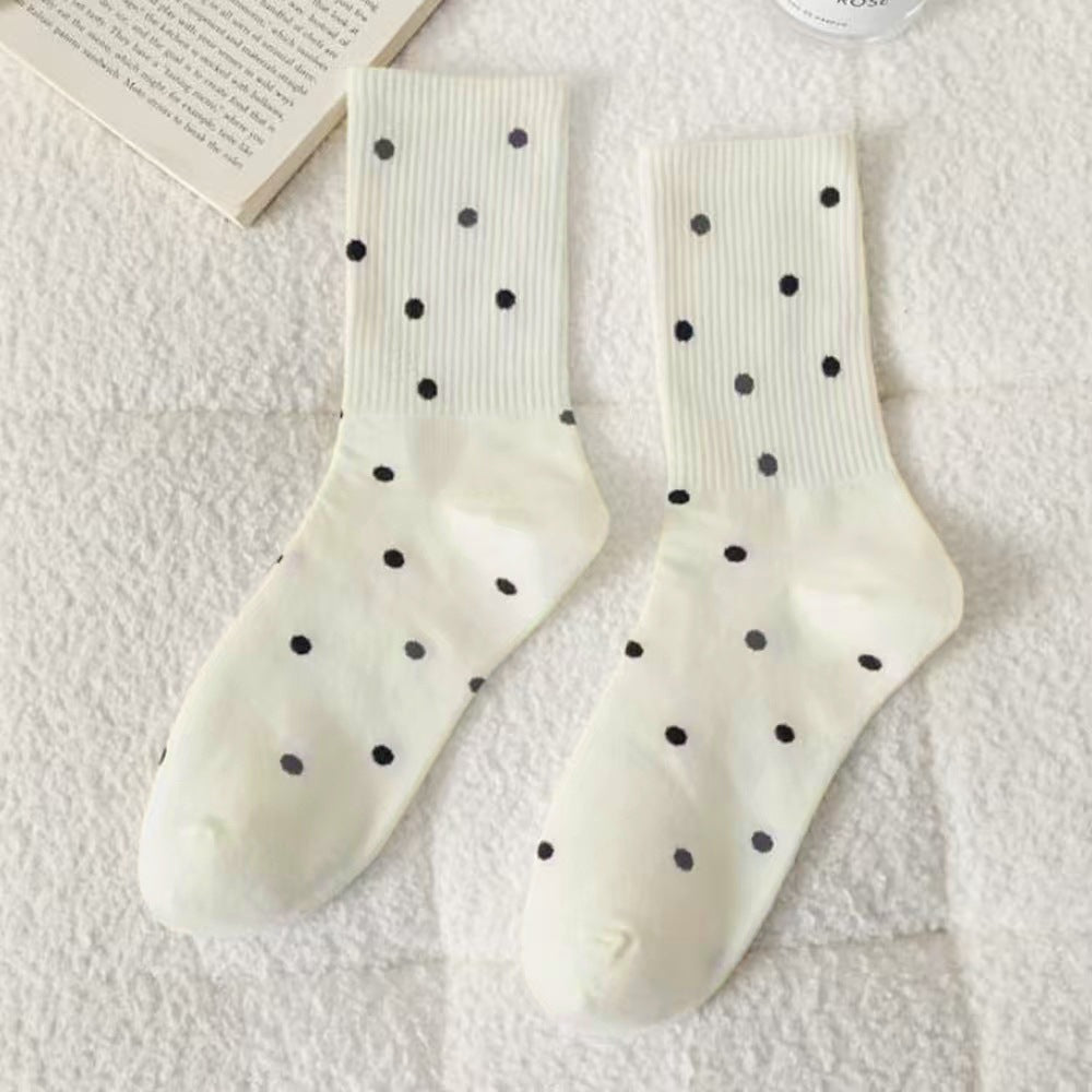 Polka Dot Ribbed Knit Mid-Calf Crew Socks - Beige