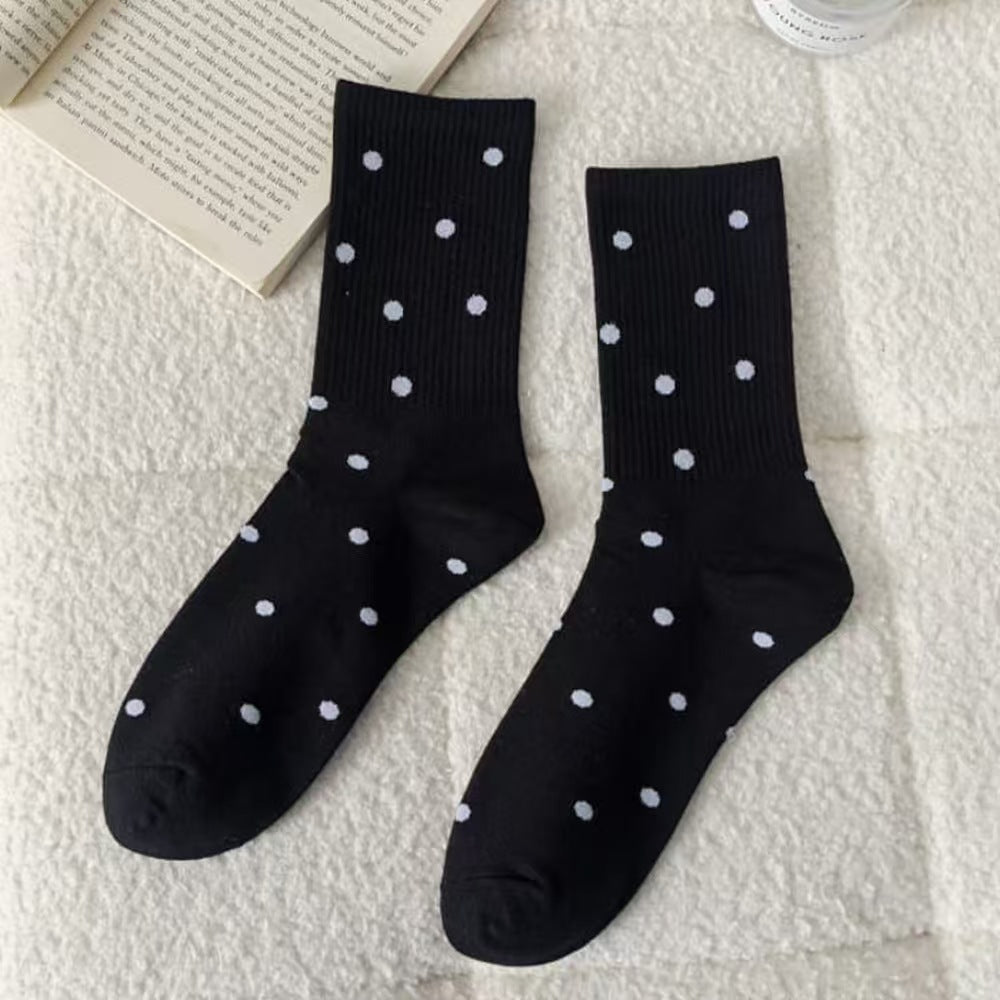 Polka Dot Ribbed Knit Mid-Calf Crew Socks - Black