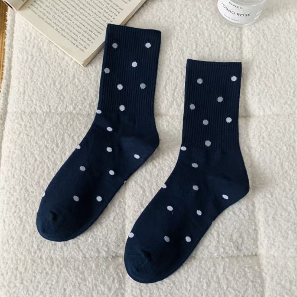 Polka Dot Ribbed Knit Mid-Calf Crew Socks - DarkBlue