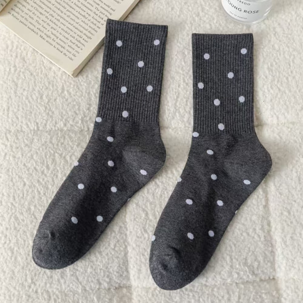 Polka Dot Ribbed Knit Mid-Calf Crew Socks - DarkGrey