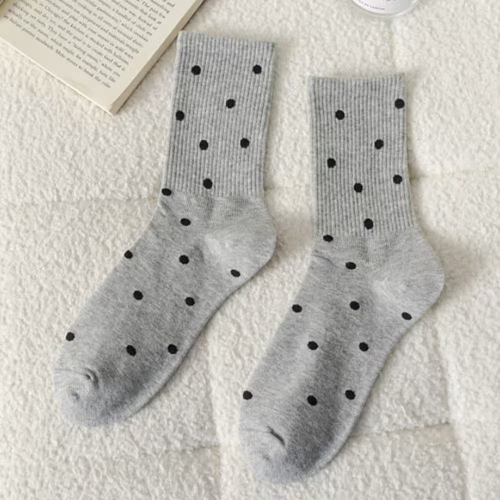 Polka Dot Ribbed Knit Mid-Calf Crew Socks - Grey