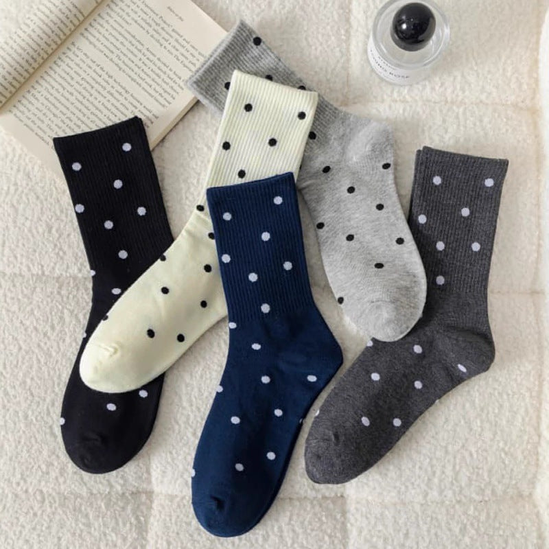 Polka Dot Ribbed Knit Mid-Calf Crew Socks - Grey - 1