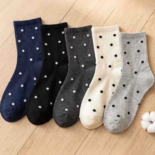 Polka Dot Ribbed Knit Mid-Calf Crew Socks - Grey - 2