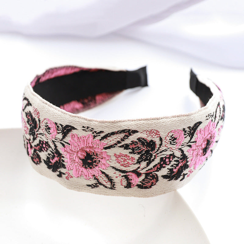 Wide Embroidered Headband With Folk Floral Pattern - A3
