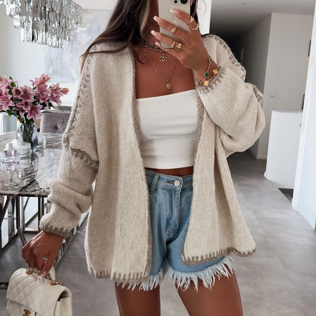 Blanket Stitch Oversized Open Front Cardigan - Apricot