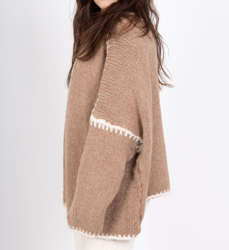 Blanket Stitch Oversized Open Front Cardigan - Khaki - 1