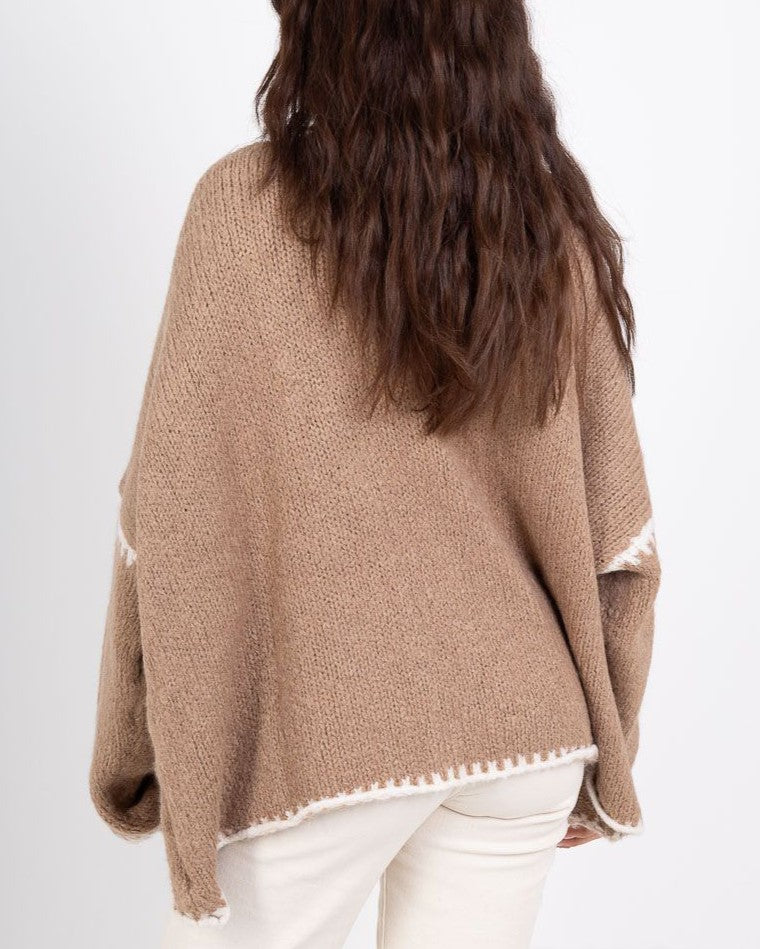Blanket Stitch Oversized Open Front Cardigan - Khaki - 2