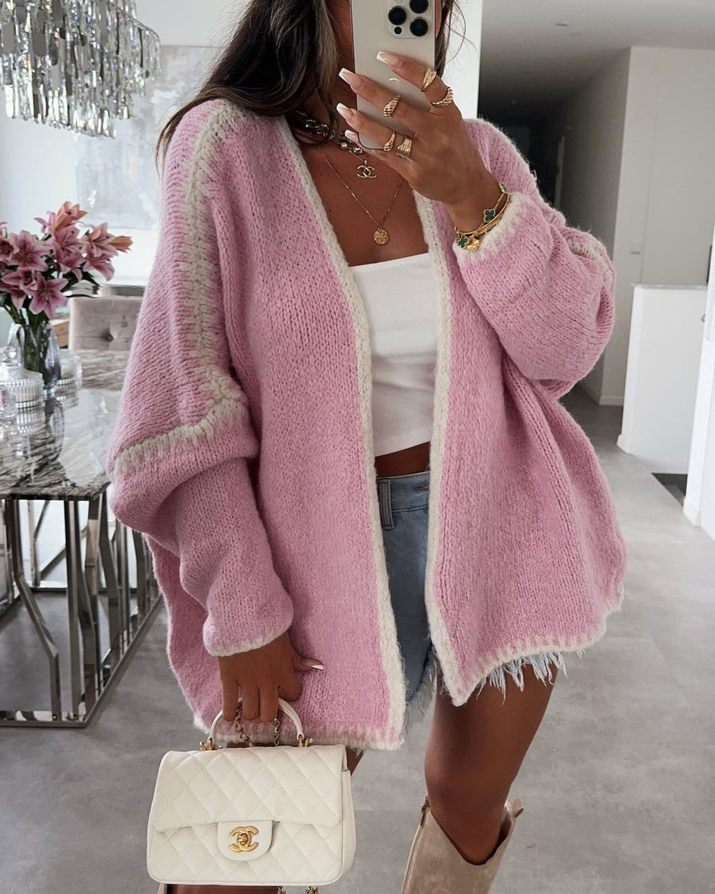 Blanket Stitch Oversized Open Front Cardigan - Pink