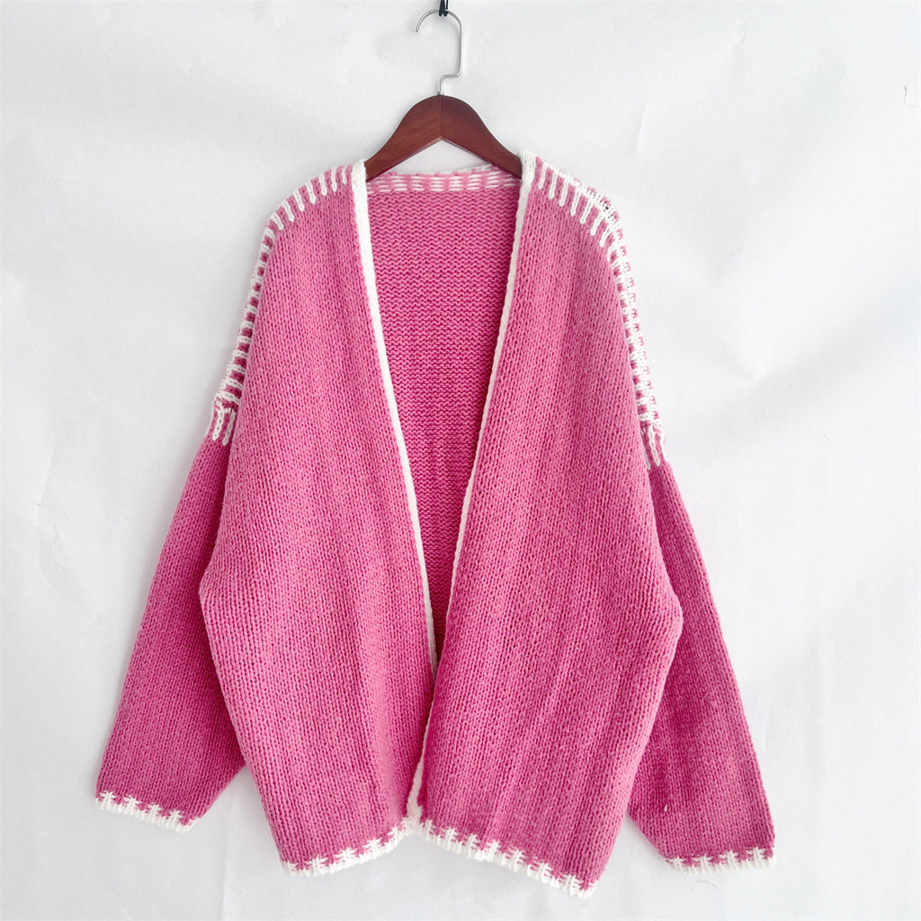 Blanket Stitch Oversized Open Front Cardigan - Rose