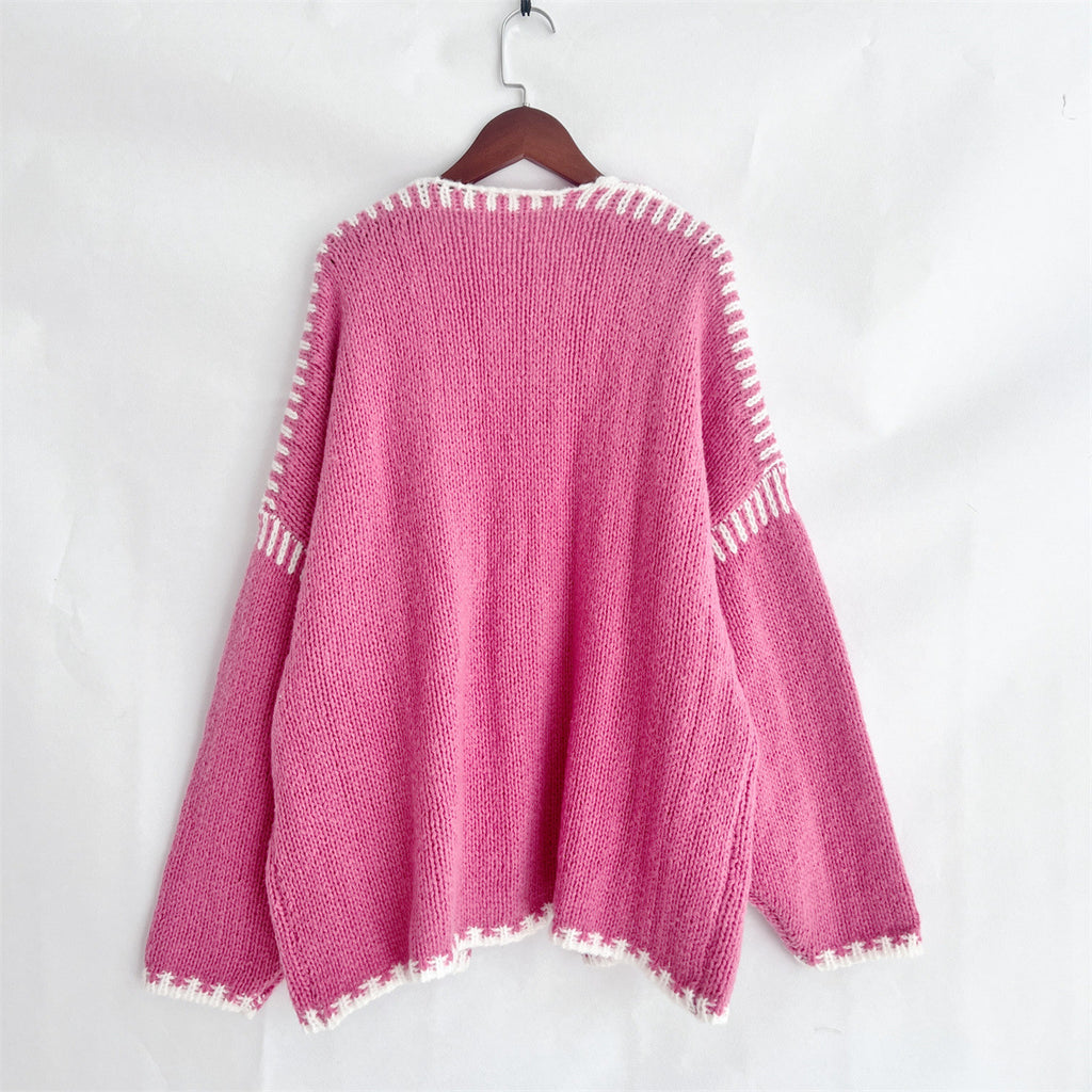 Blanket Stitch Oversized Open Front Cardigan - Rose - 1