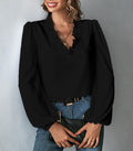 Ruffle V-Neck Balloon Sleeve Blouse - Black