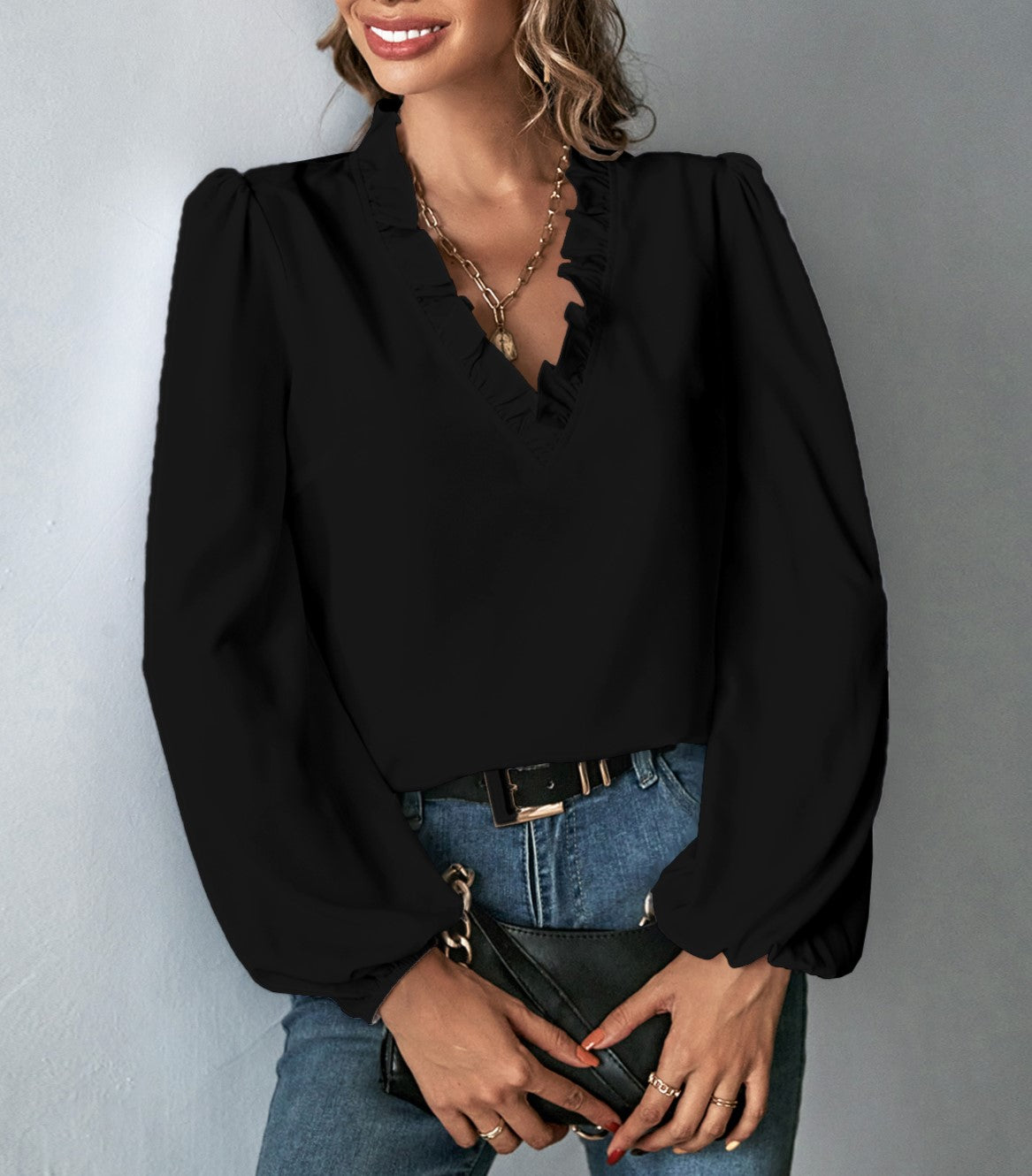 Ruffle V-Neck Balloon Sleeve Blouse - Black