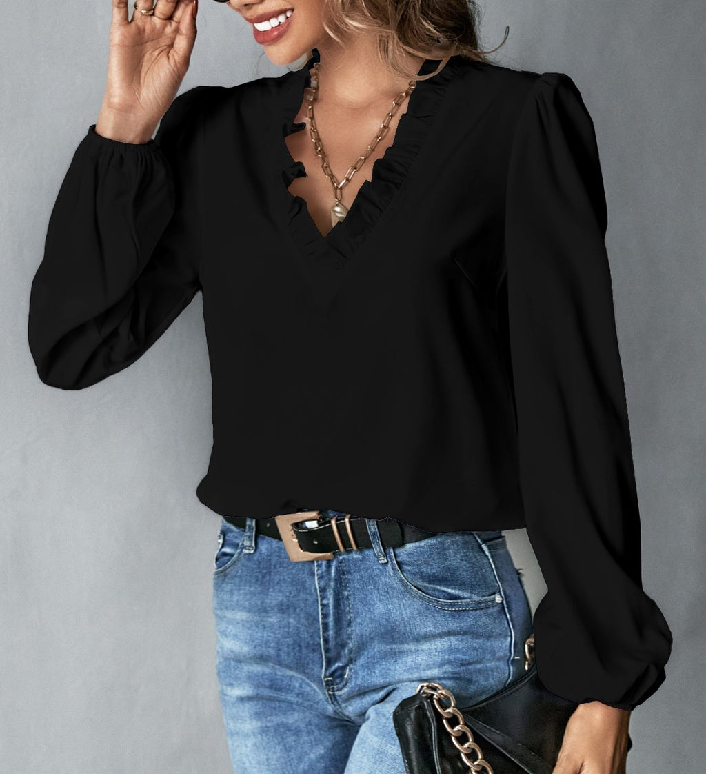 Ruffle V-Neck Balloon Sleeve Blouse - Black - 2