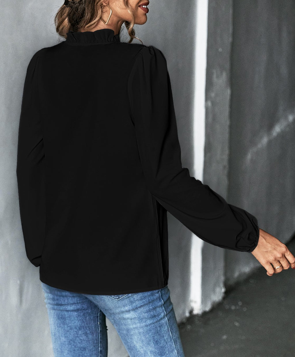 Ruffle V-Neck Balloon Sleeve Blouse - Black - 4