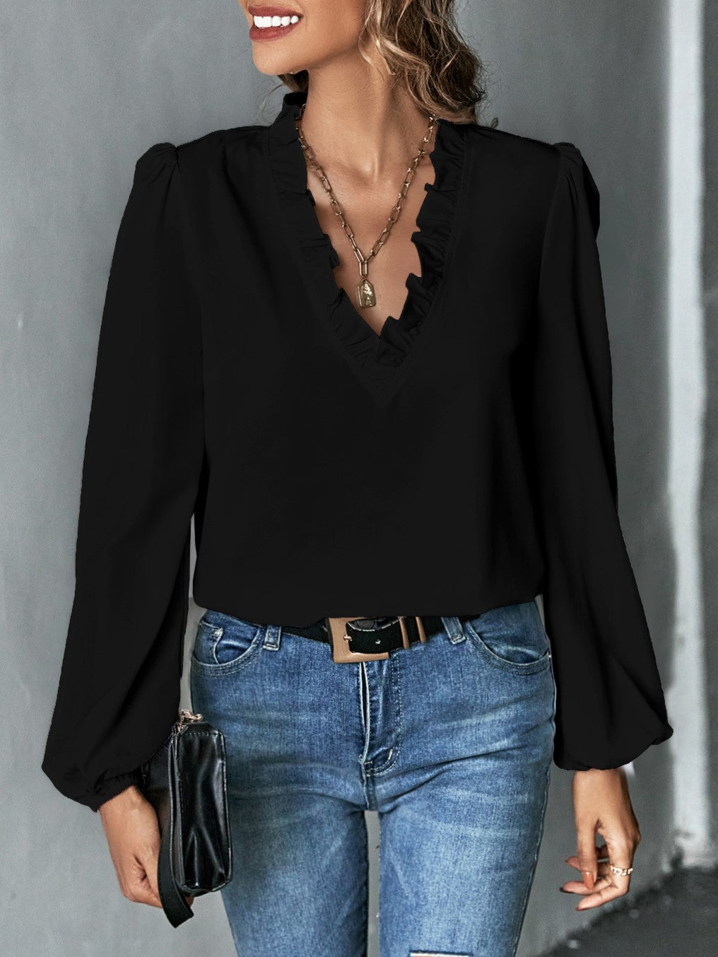 Ruffle V-Neck Balloon Sleeve Blouse - Black - 5