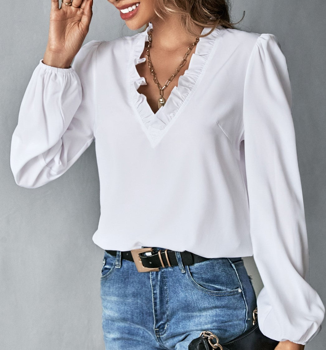 Ruffle V-Neck Balloon Sleeve Blouse - White
