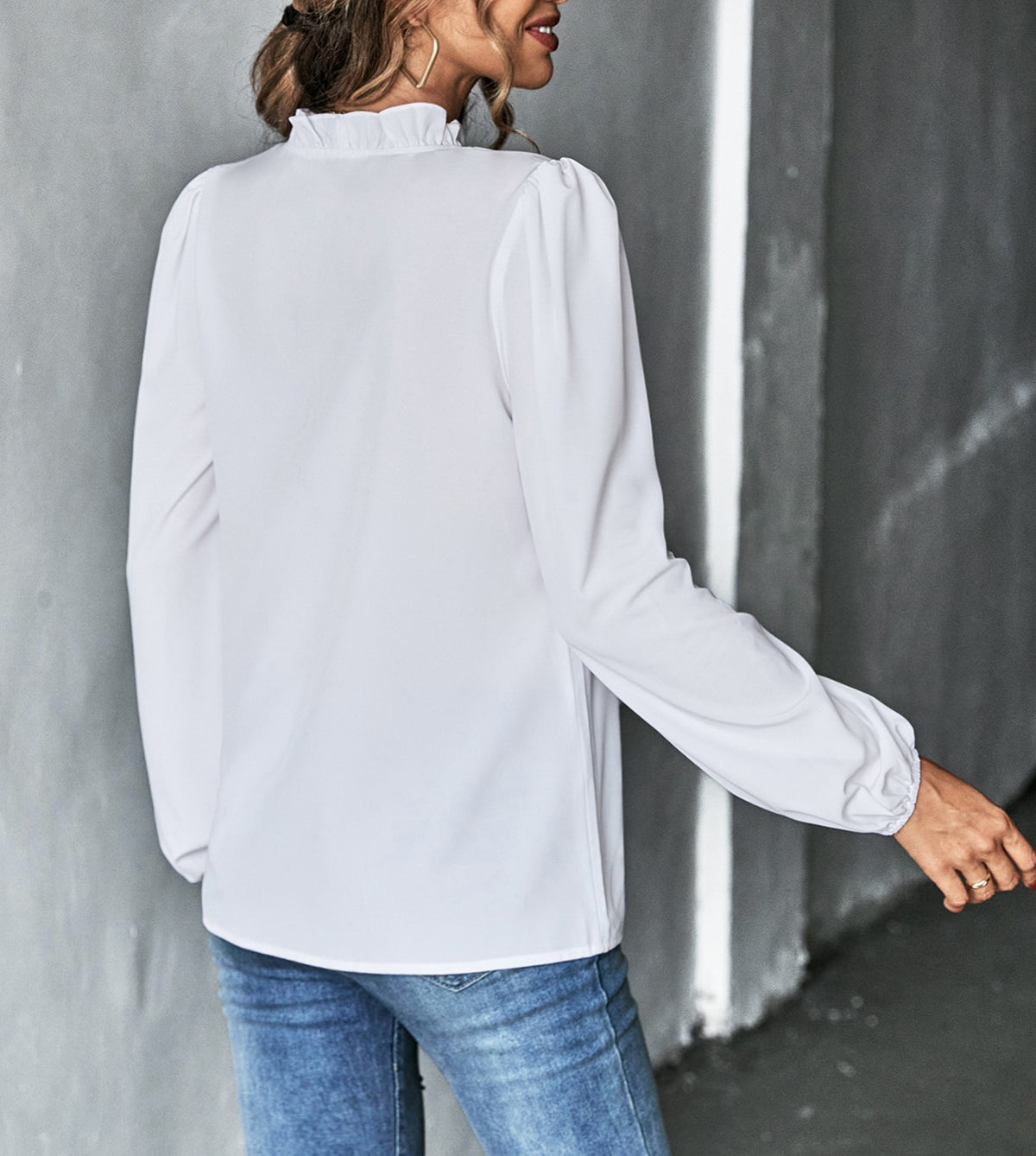 Ruffle V-Neck Balloon Sleeve Blouse - White - 1