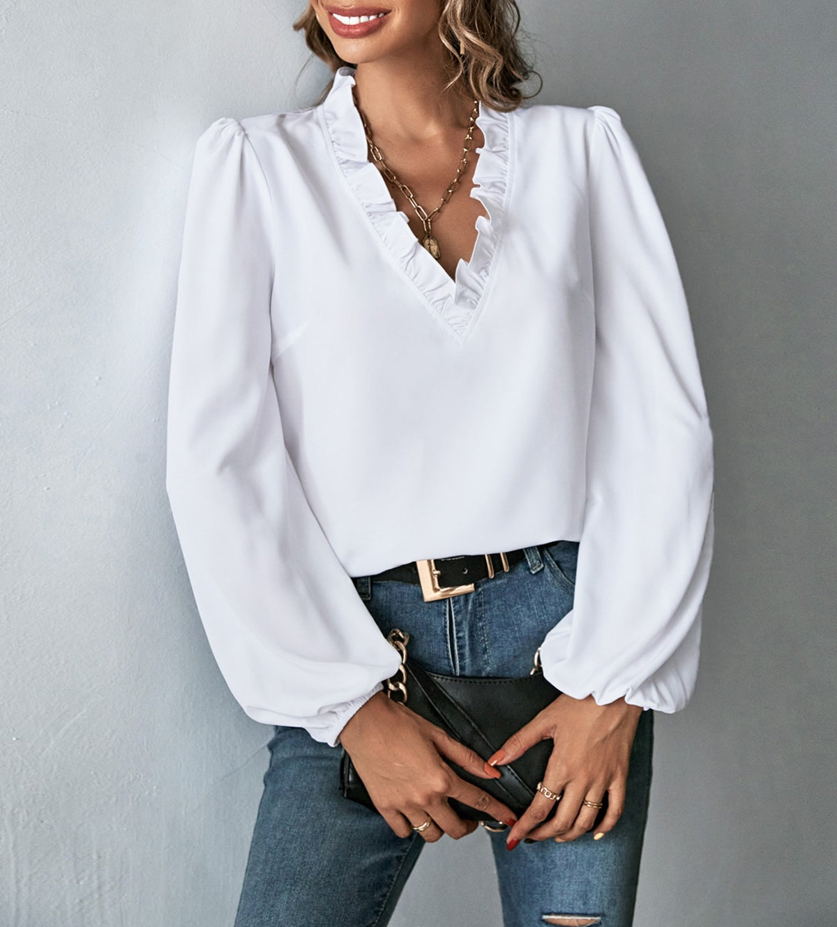 Ruffle V-Neck Balloon Sleeve Blouse - White - 3
