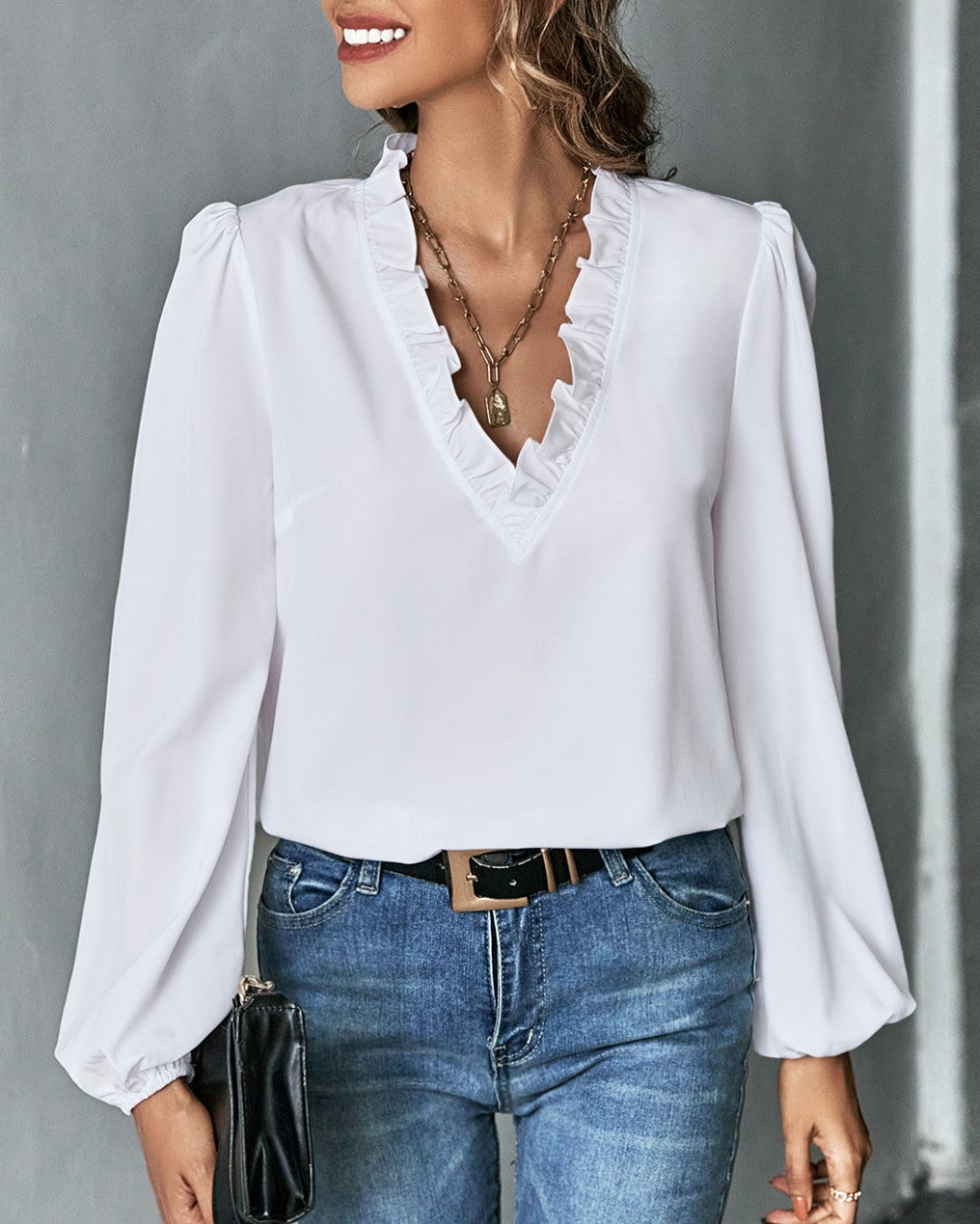 Ruffle V-Neck Balloon Sleeve Blouse