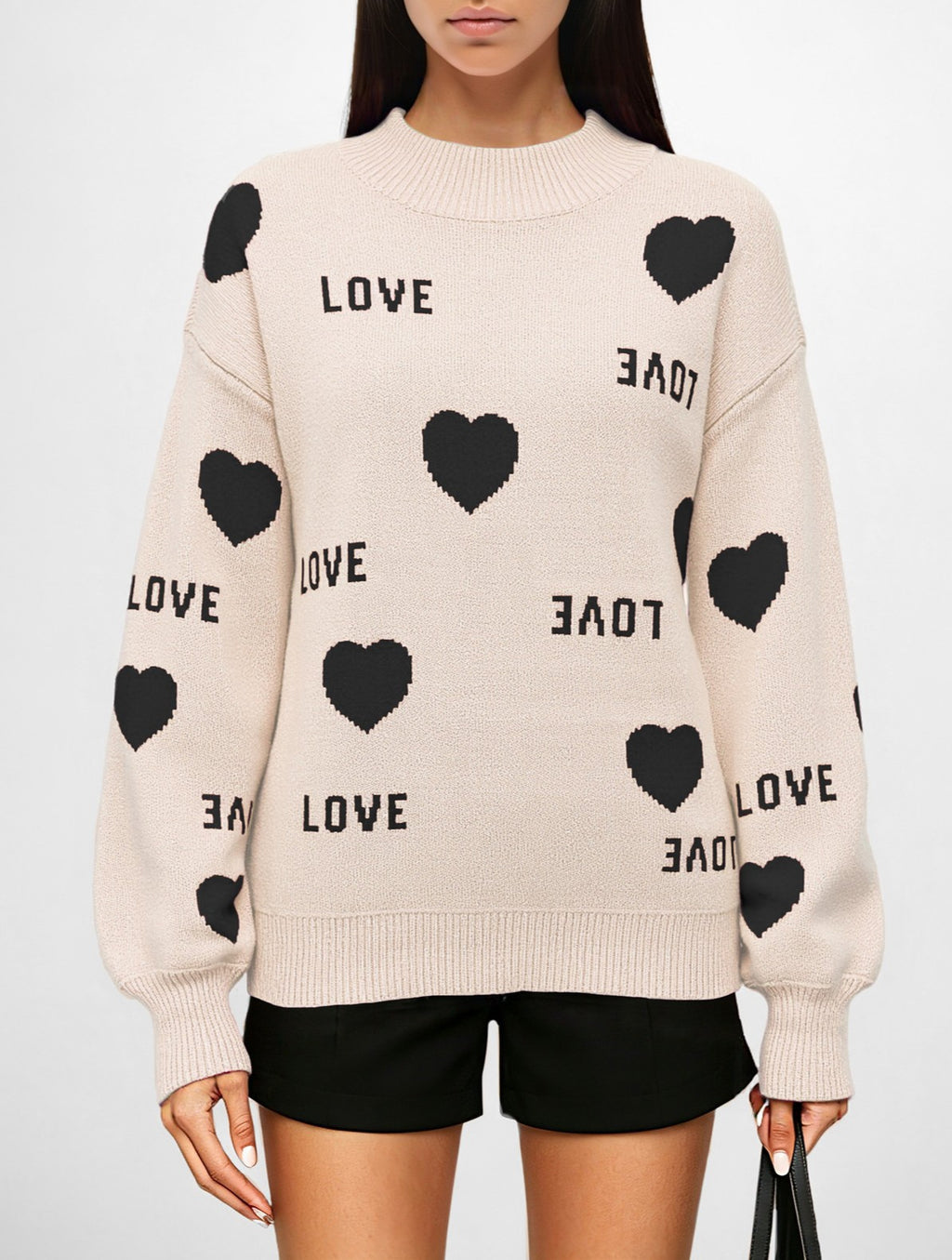Love Heart Jacquard Crewneck Sweater - Apricot-B