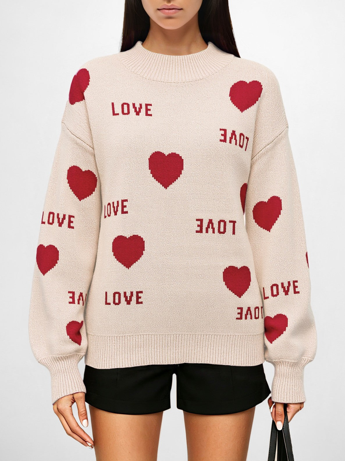 Love Heart Jacquard Crewneck Sweater - Apricot-R
