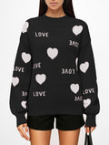 Love Heart Jacquard Crewneck Sweater - Black