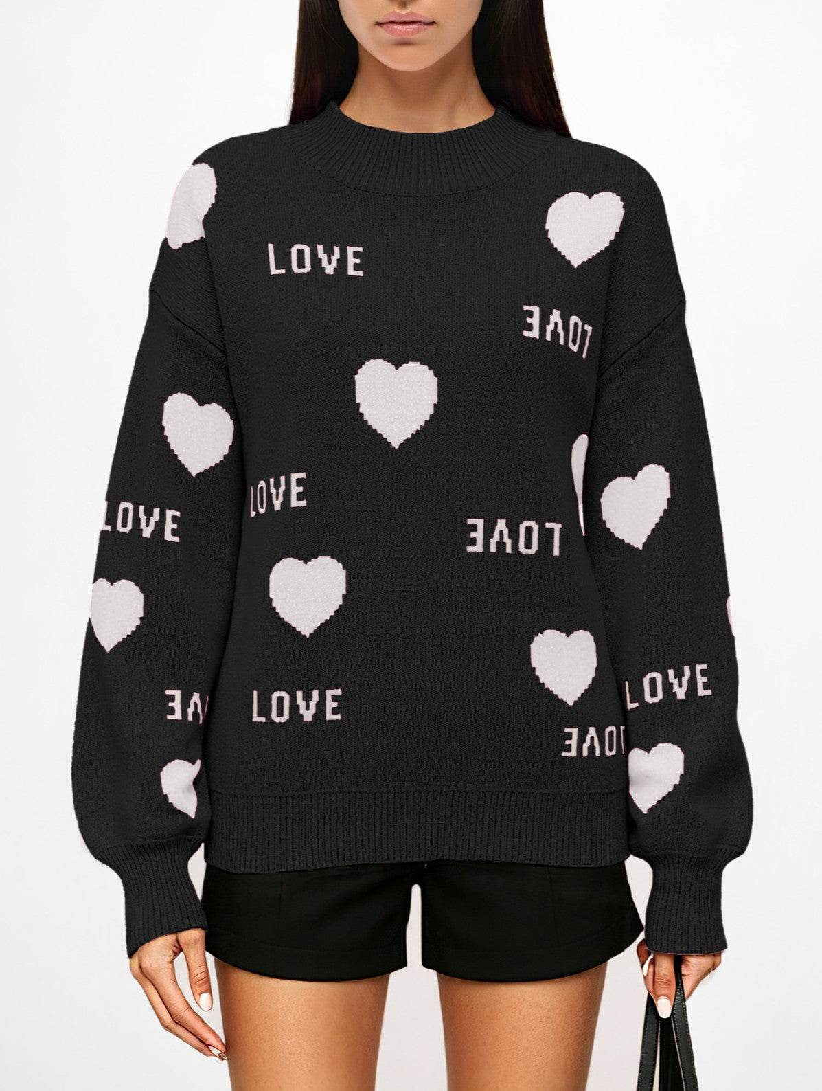 Love Heart Jacquard Crewneck Sweater - Black
