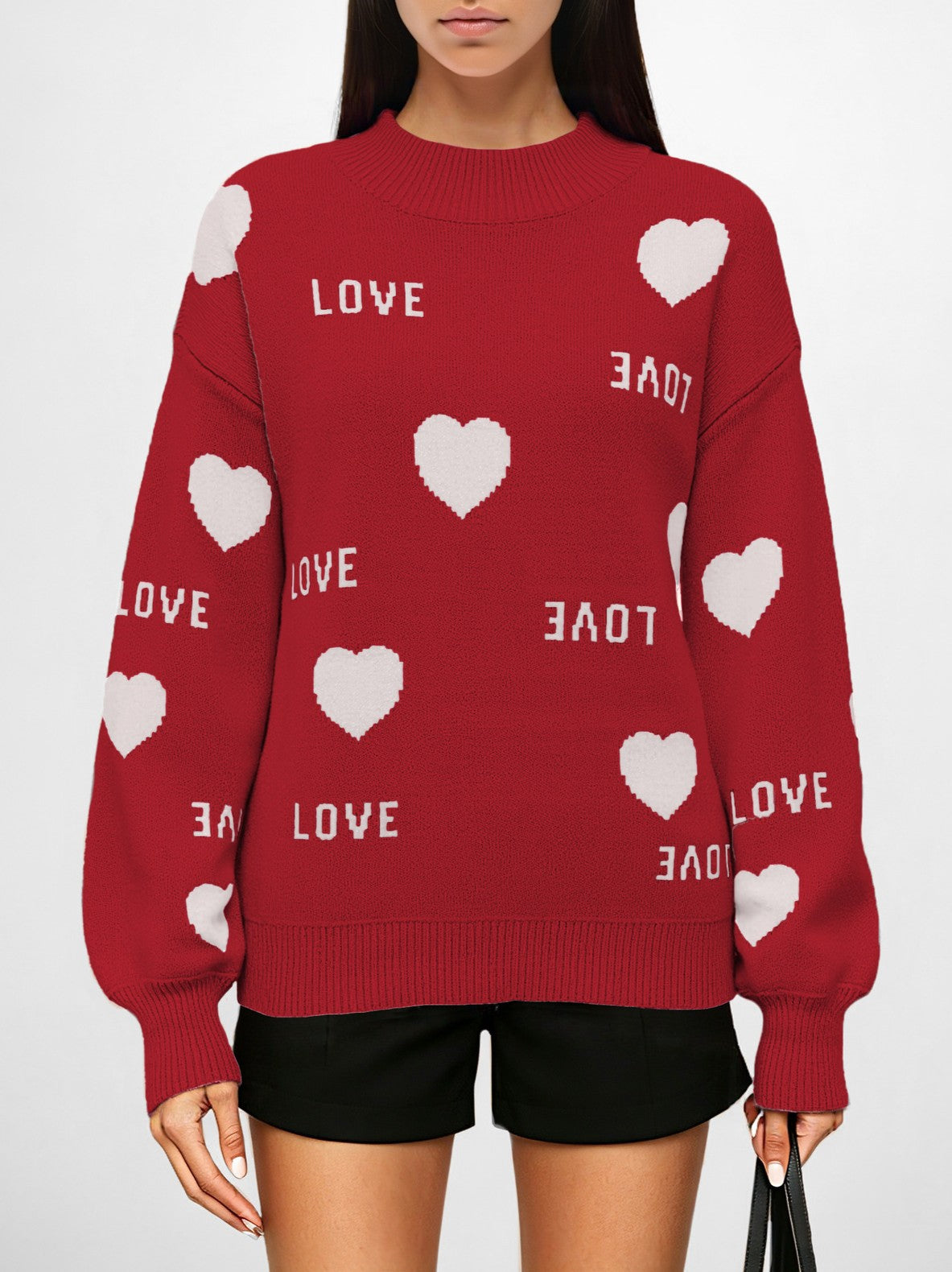 Love Heart Jacquard Crewneck Sweater - Red