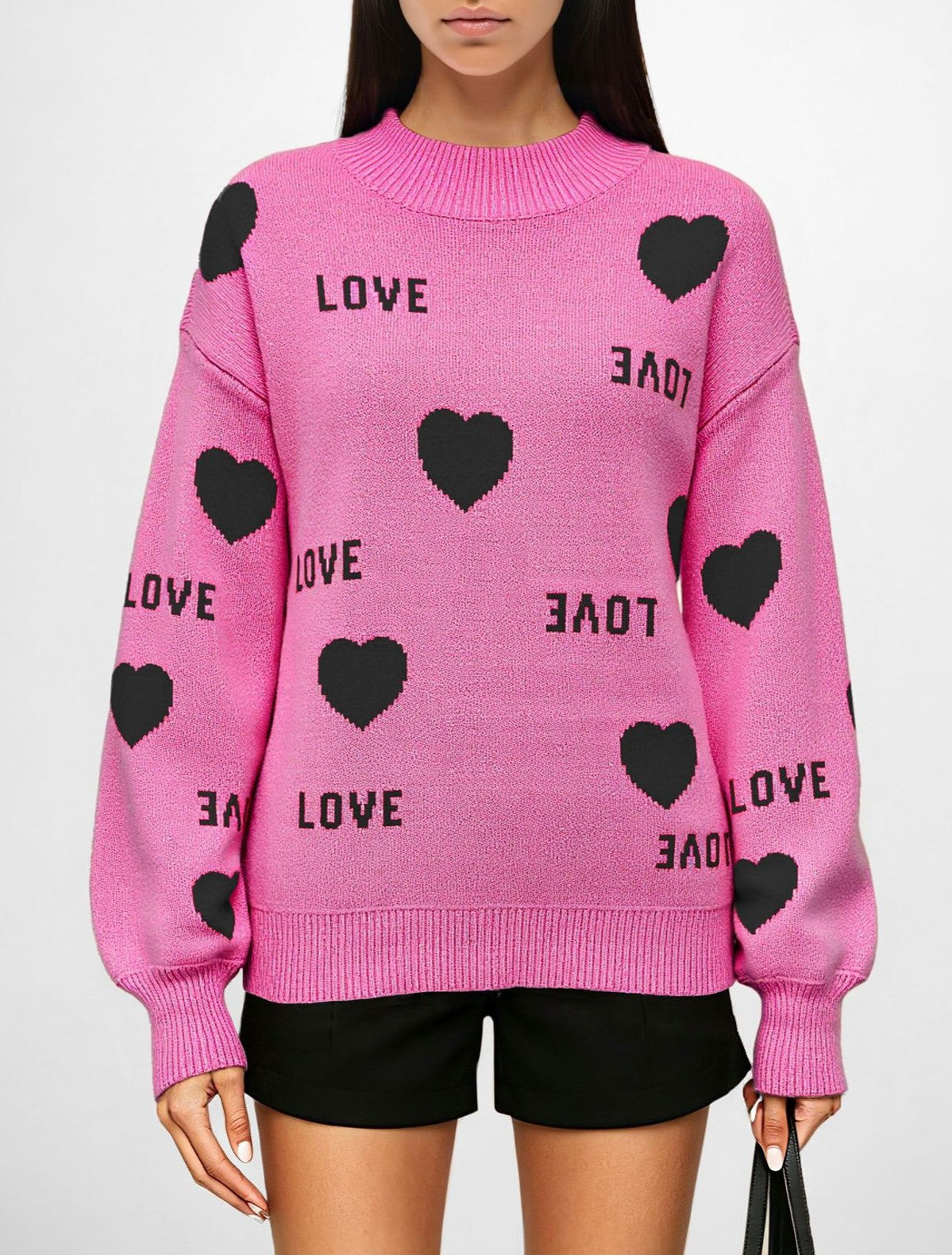 Love Heart Jacquard Crewneck Sweater - RoseRed