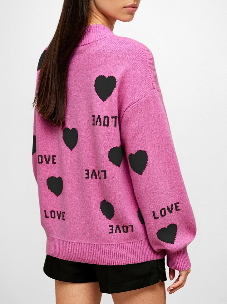 Love Heart Jacquard Crewneck Sweater - RoseRed - 1