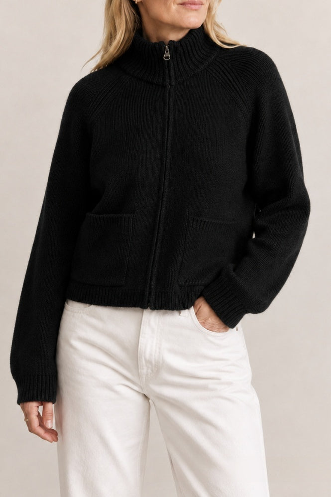 Full Zip Mock Neck Knit Sweater with Patch Pockets - Black
