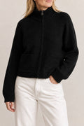 Full Zip Mock Neck Knit Sweater with Patch Pockets - Black