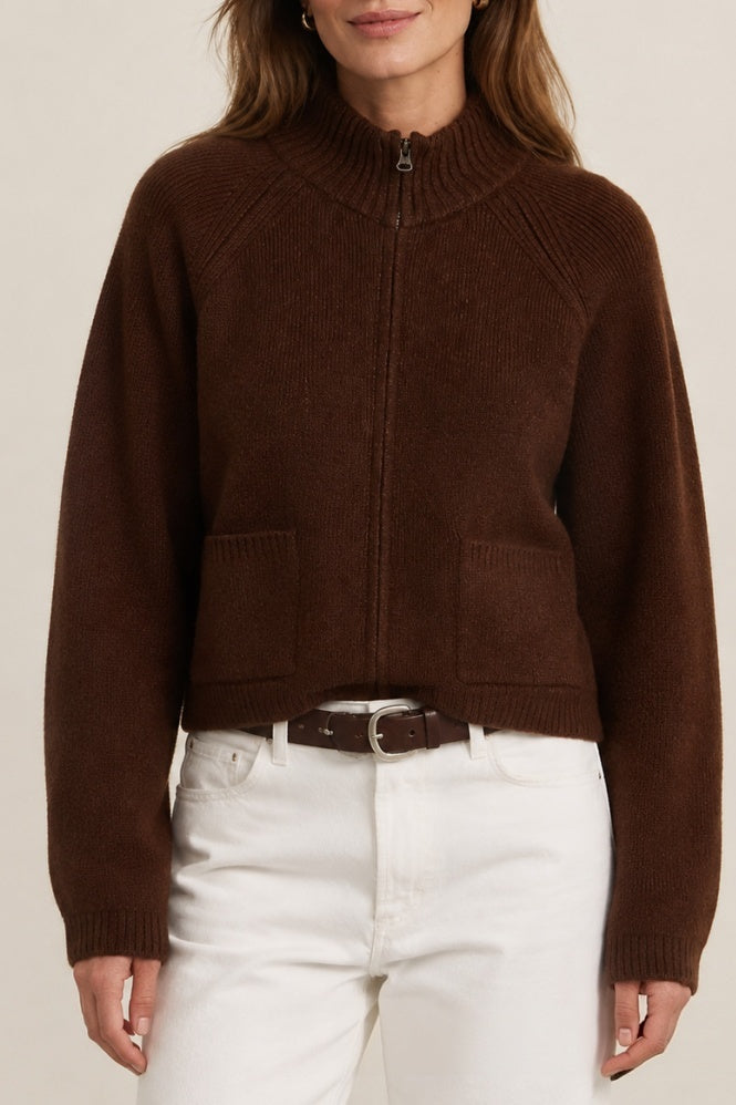 Full Zip Mock Neck Knit Sweater with Patch Pockets - Brown