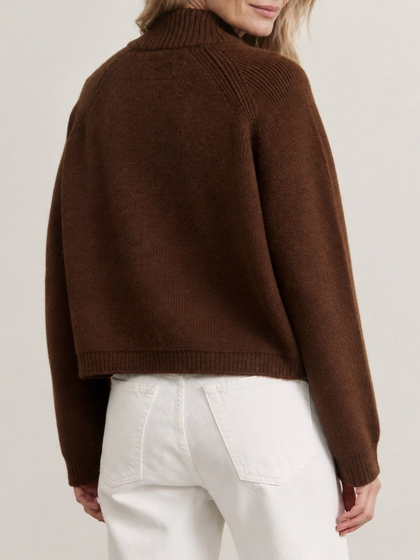 Full Zip Mock Neck Knit Sweater with Patch Pockets - Brown - 1