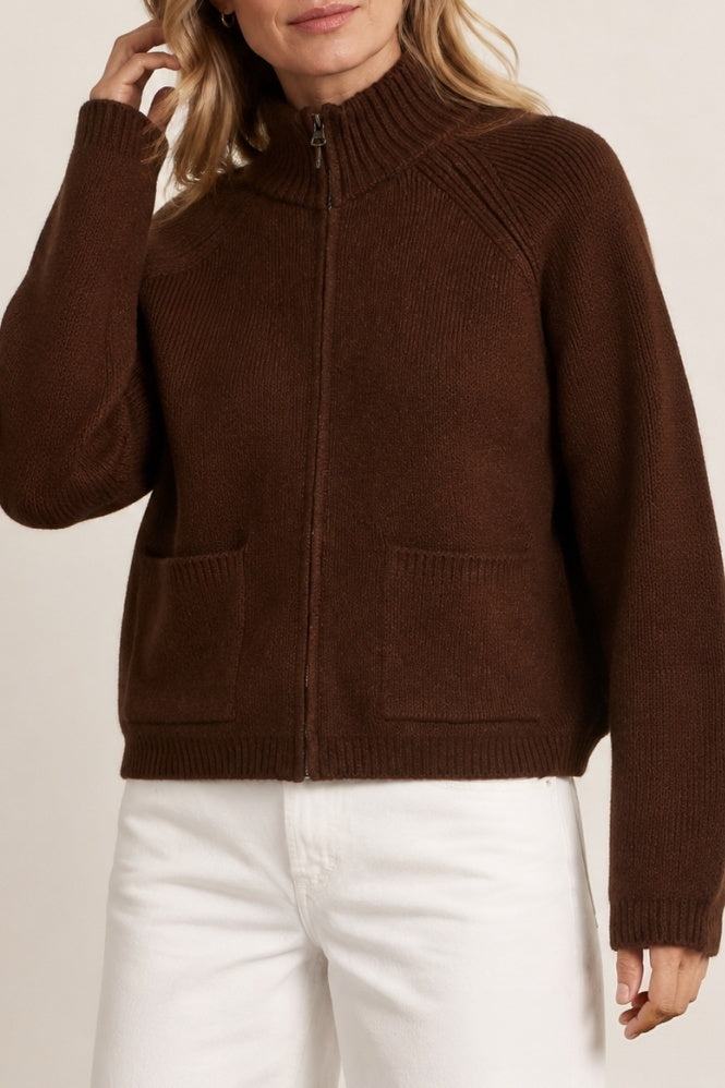 Full Zip Mock Neck Knit Sweater with Patch Pockets - Brown - 2