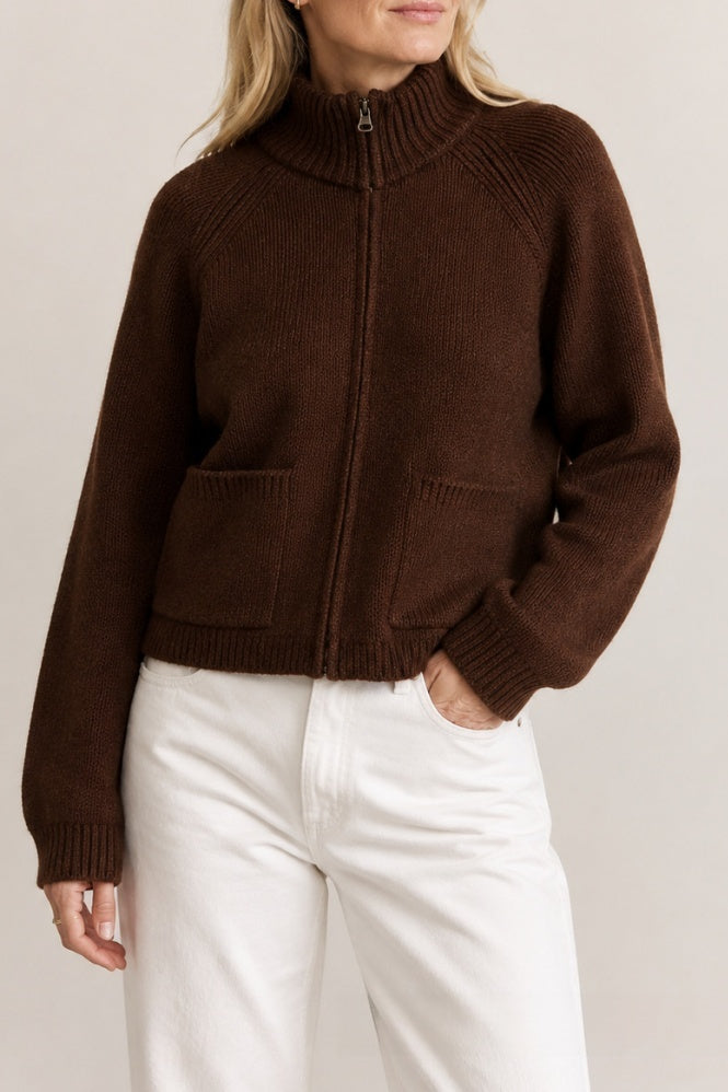 Full Zip Mock Neck Knit Sweater with Patch Pockets - Brown - 3
