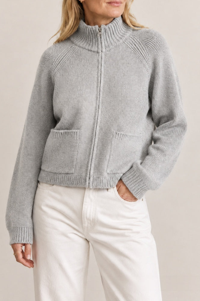 Full Zip Mock Neck Knit Sweater with Patch Pockets - Grey